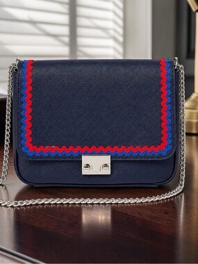 Loeffler Randall Navy Blue Leather Chain Crossbody Bag Red/Blue Ric Rac⁠